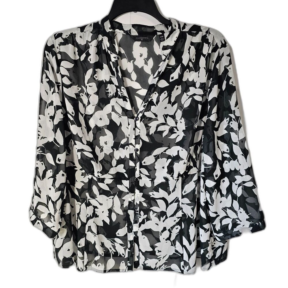 Investments II Black White Floral Sheer Blouse Women's 24W Button Front
